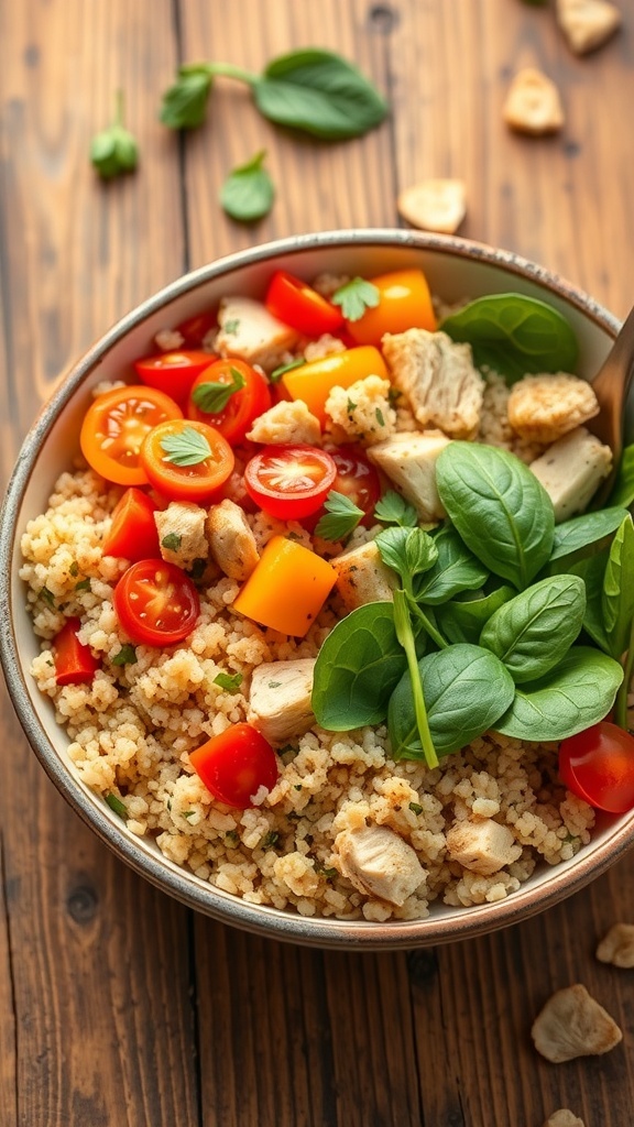 A healthy quinoa chicken bowl with chicken, quinoa, bell peppers, tomatoes, and spinach, garnished with herbs.